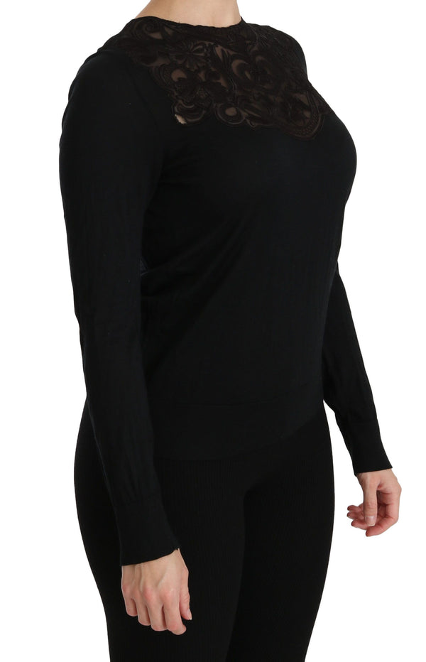 Elegante blusa de encaje negro de mezcla de seda