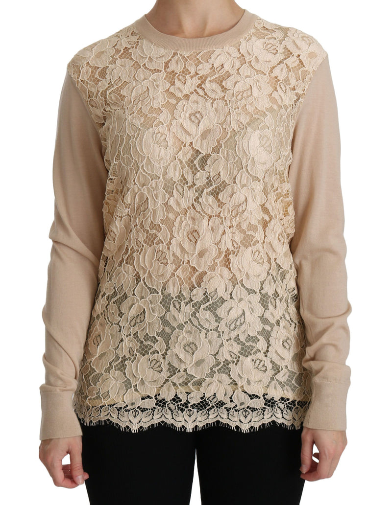 Elegant Beige Lace Crew Neck Cashmere Bluse