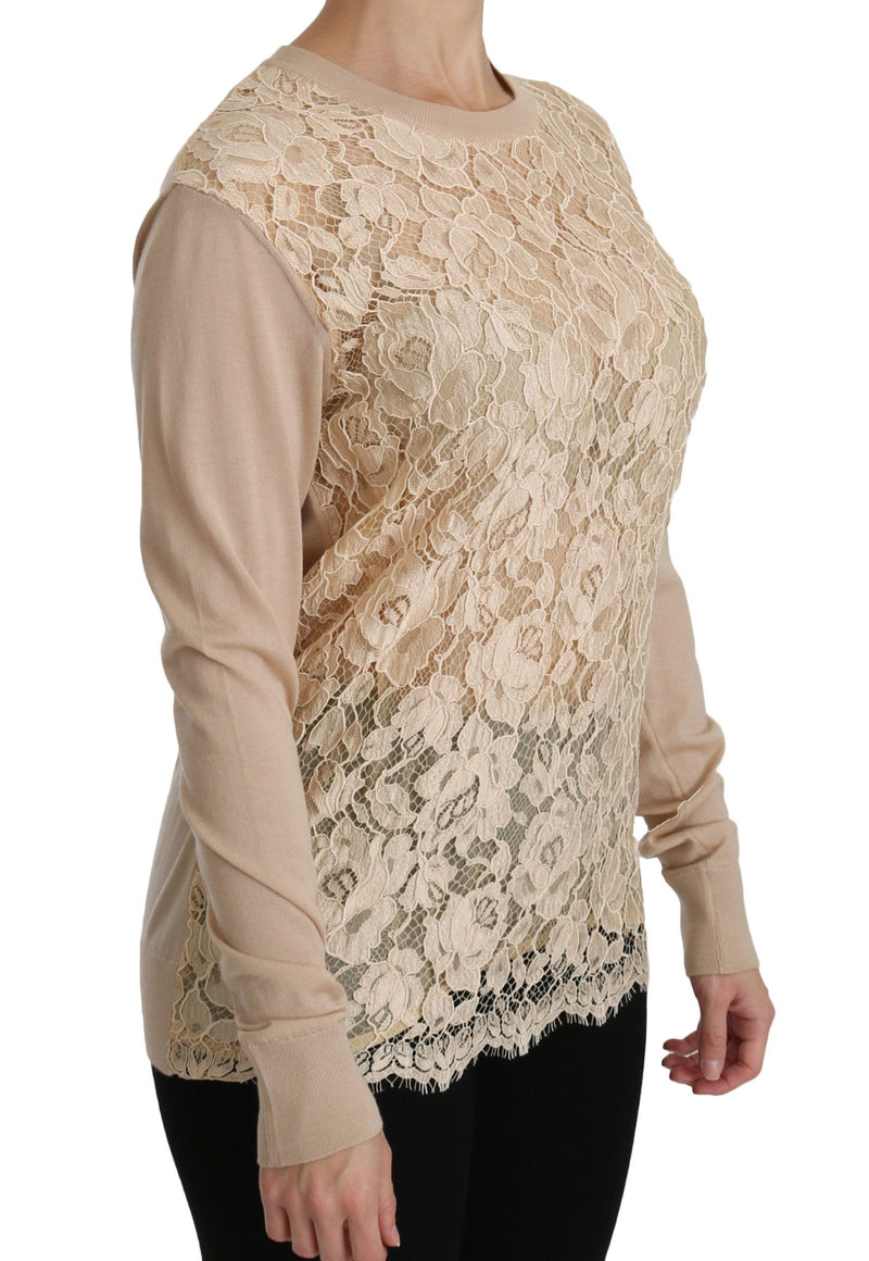 Elegant Beige Lace Crew Neck Cashmere Bluse