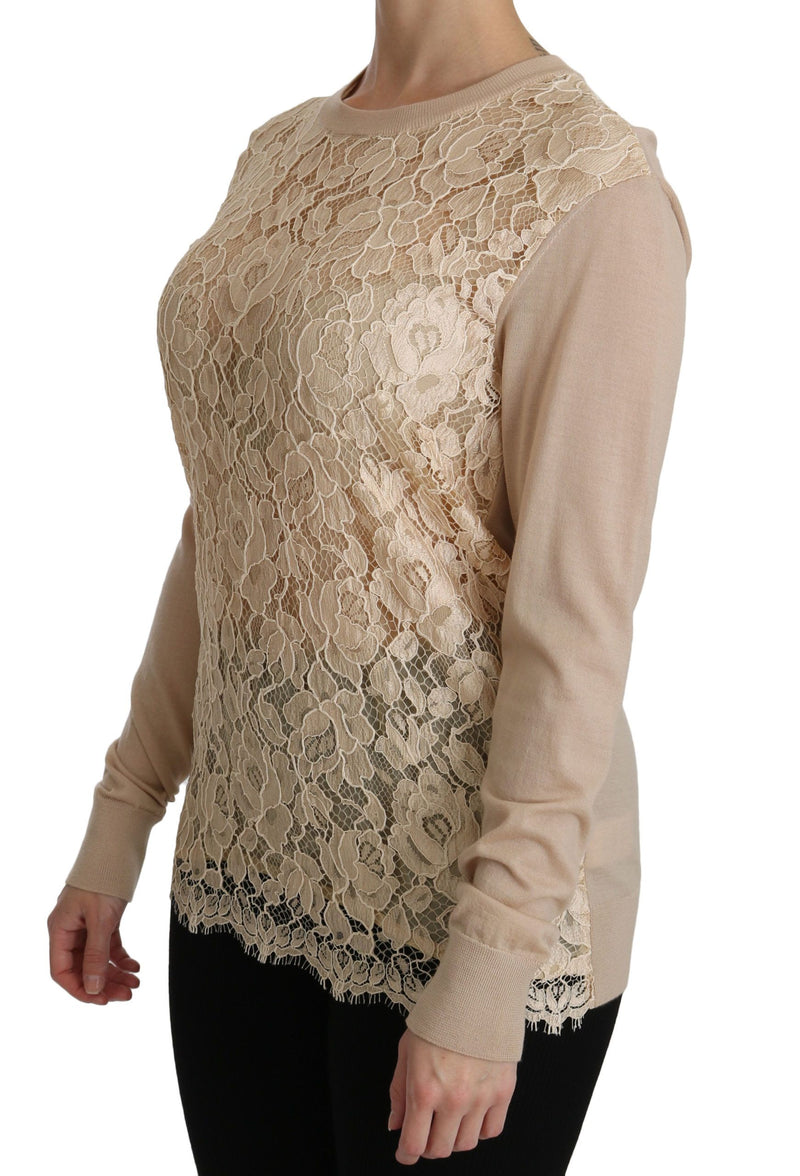 Elegant Beige Lace Crew Neck Cashmere Bluse