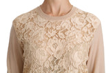 Elegant Beige Lace Crew Neck Cashmere Bluse