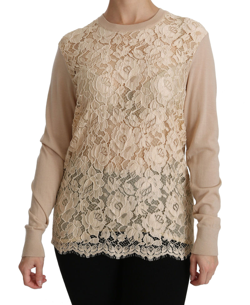 Elegant Beige Lace Crew Neck Cashmere Bluse