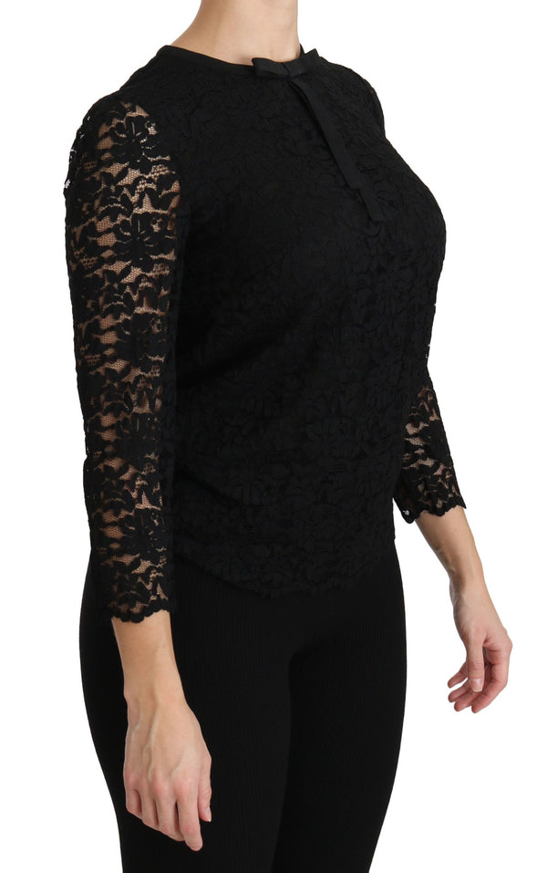 Elegante blusa de cuello de la tripulación de encaje negro