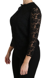 Elegante blusa de cuello de la tripulación de encaje negro