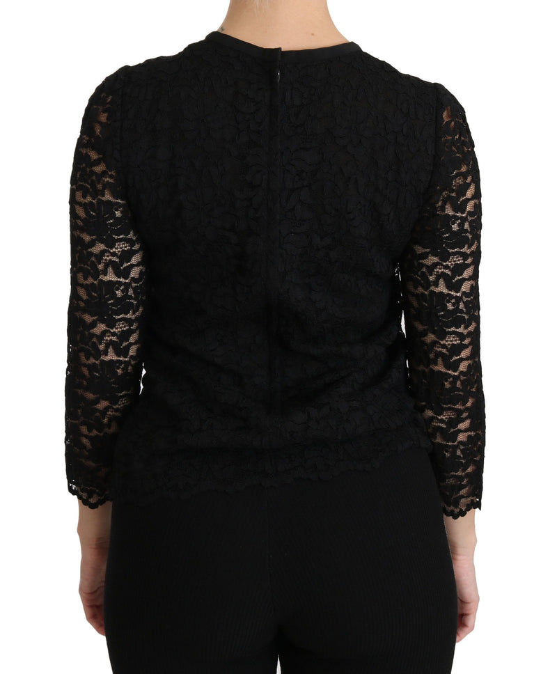 Elegante blusa de cuello de la tripulación de encaje negro