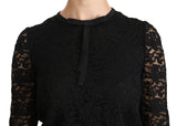 Elegante blusa de cuello de la tripulación de encaje negro