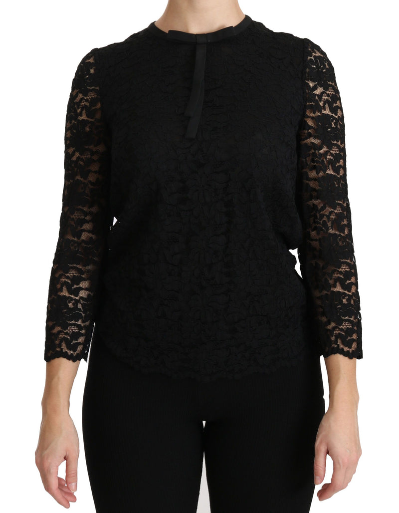 Elegante blusa de cuello de la tripulación de encaje negro