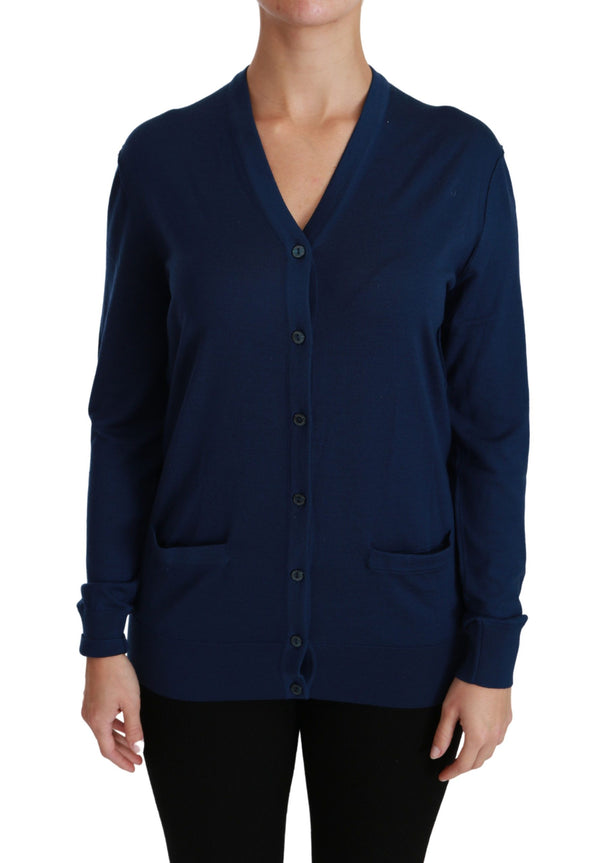 Elegante Blue Virgin Woll -Strickjacke