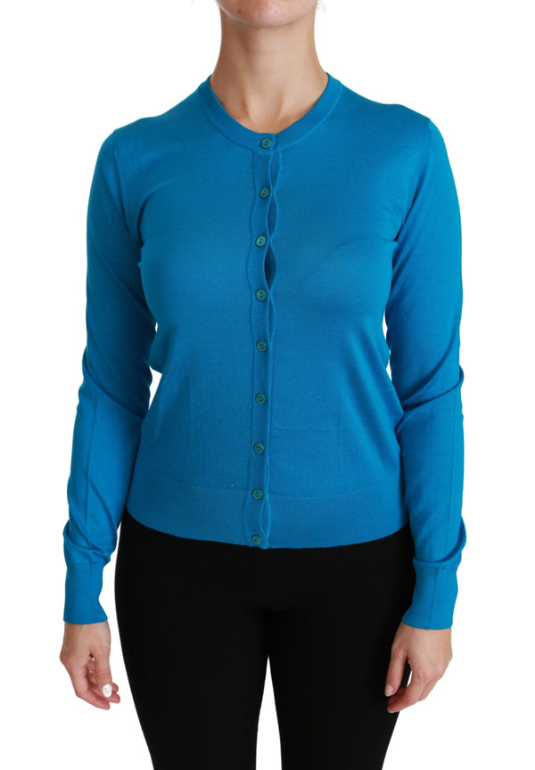 Elegante seidenblaue Crewneck -Strickjacke