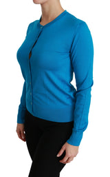 Elegante seidenblaue Crewneck -Strickjacke