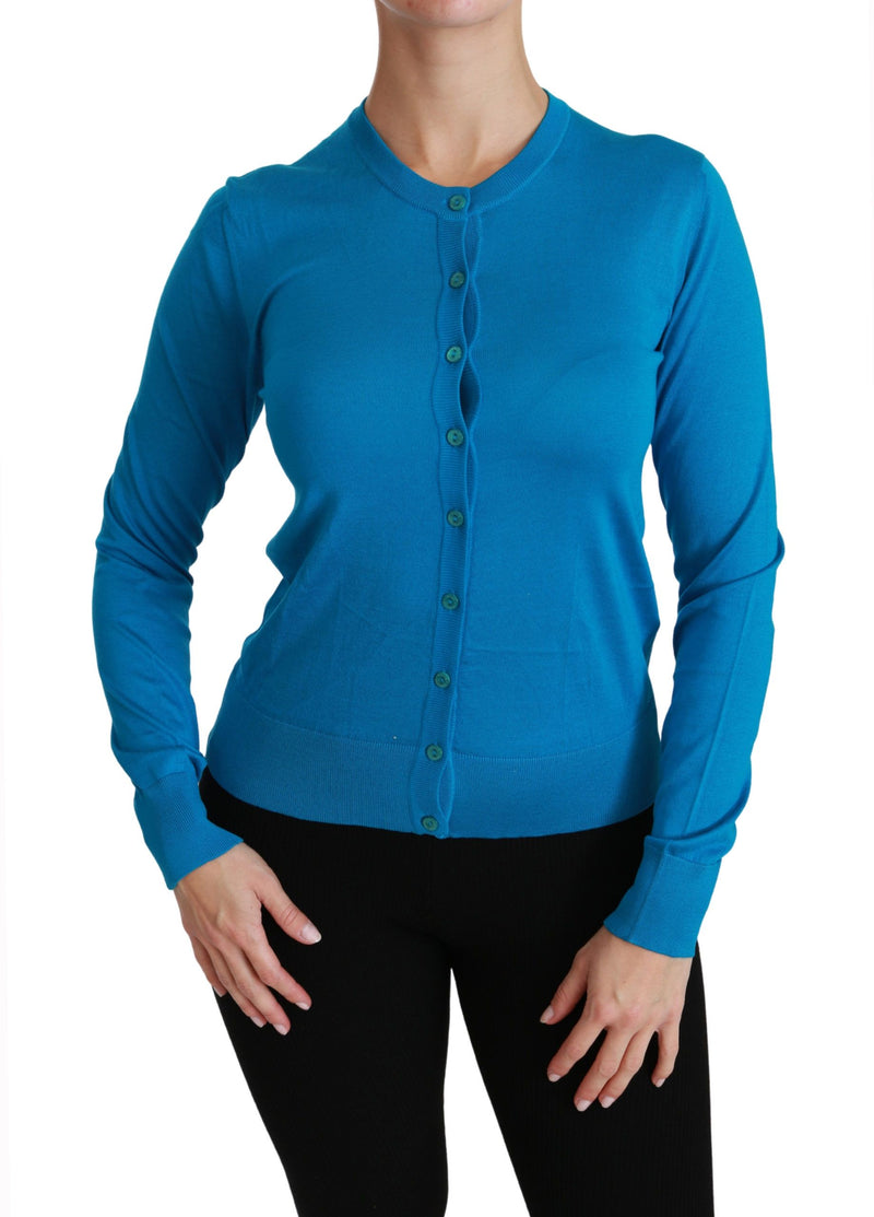 Elegante seidenblaue Crewneck -Strickjacke