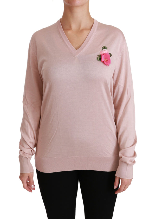 Pink Blumenseide V-Ausschnitt Pullover