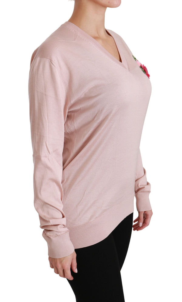 Maglione rosa di seta a V floreale