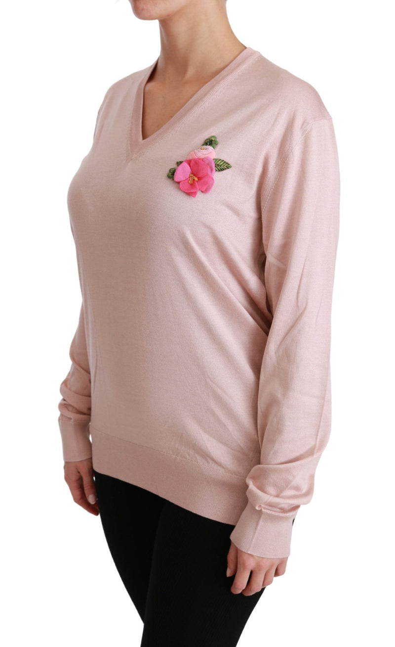 Maglione rosa di seta a V floreale