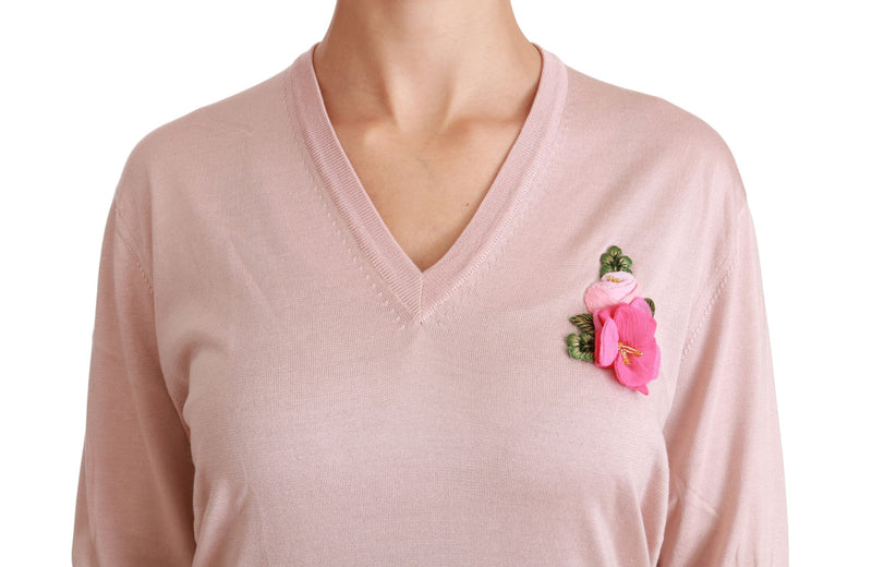 Suéter de cuello en V de seda floral rosa