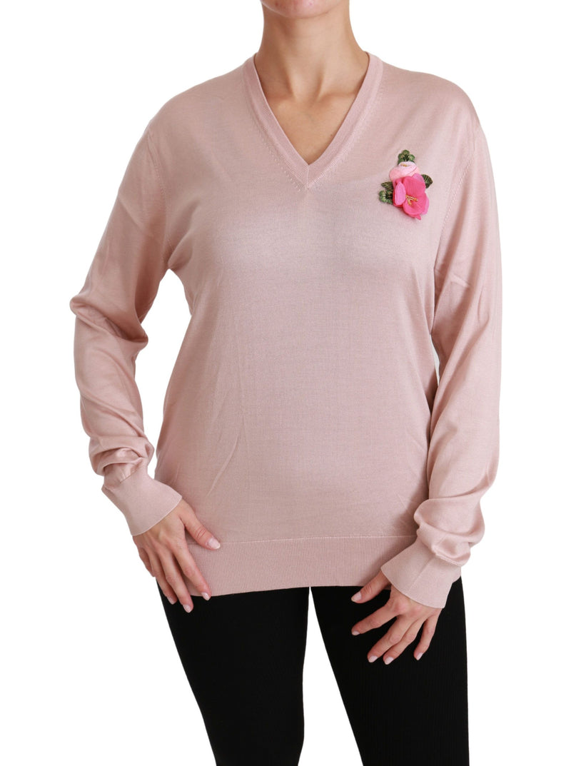 Pink Blumenseide V-Ausschnitt Pullover