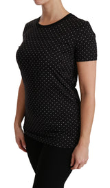 Camiseta de algodón de cuello tripulada de puntaza negra elegante