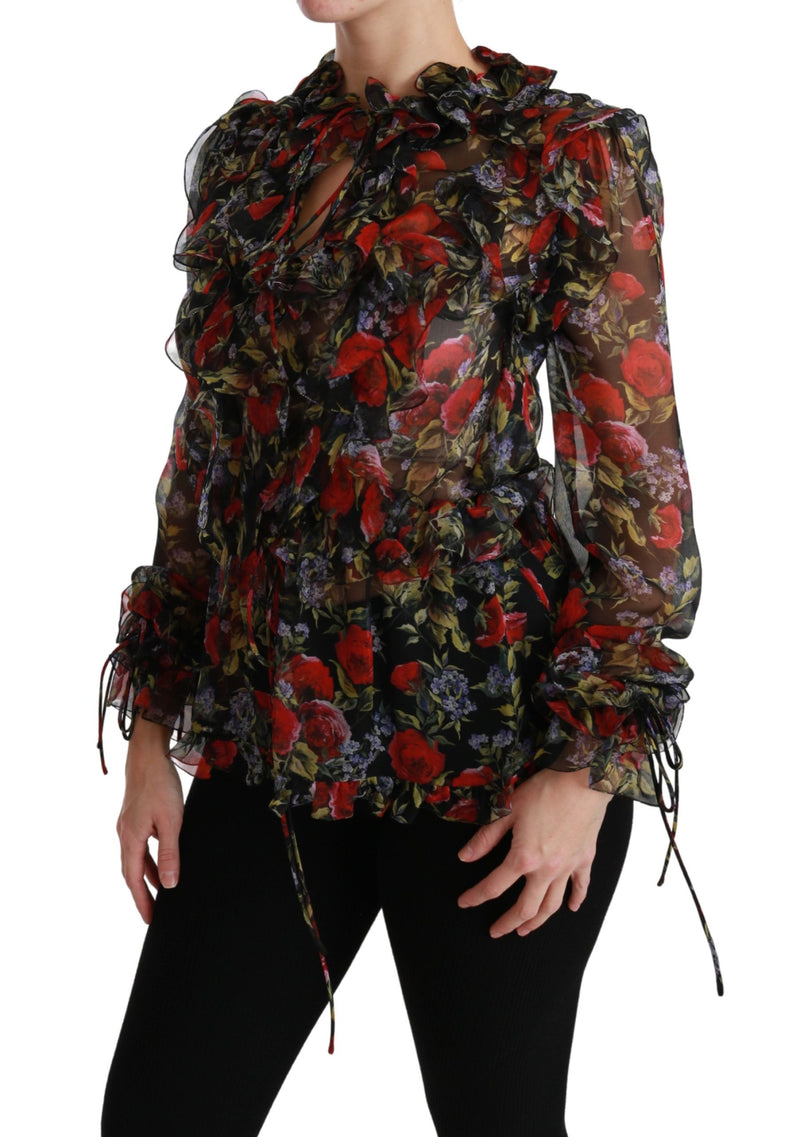 Elegante blusa de manga larga de seda floral