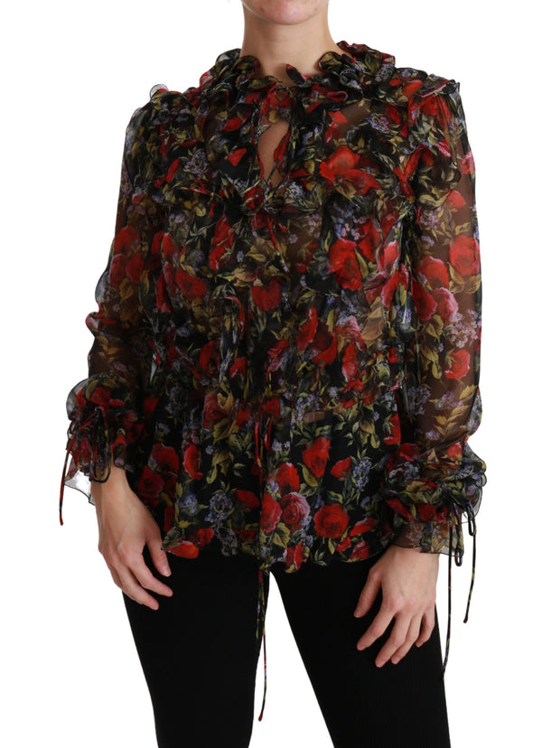 Elegante blusa de manga larga de seda floral