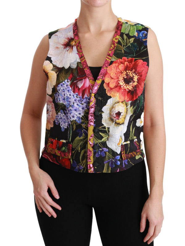 Gilet sans manches à manches florales en brocart multicolore