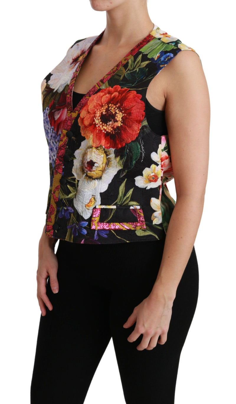 Gilet sans manches à manches florales en brocart multicolore