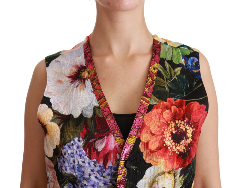 Gilet sans manches à manches florales en brocart multicolore