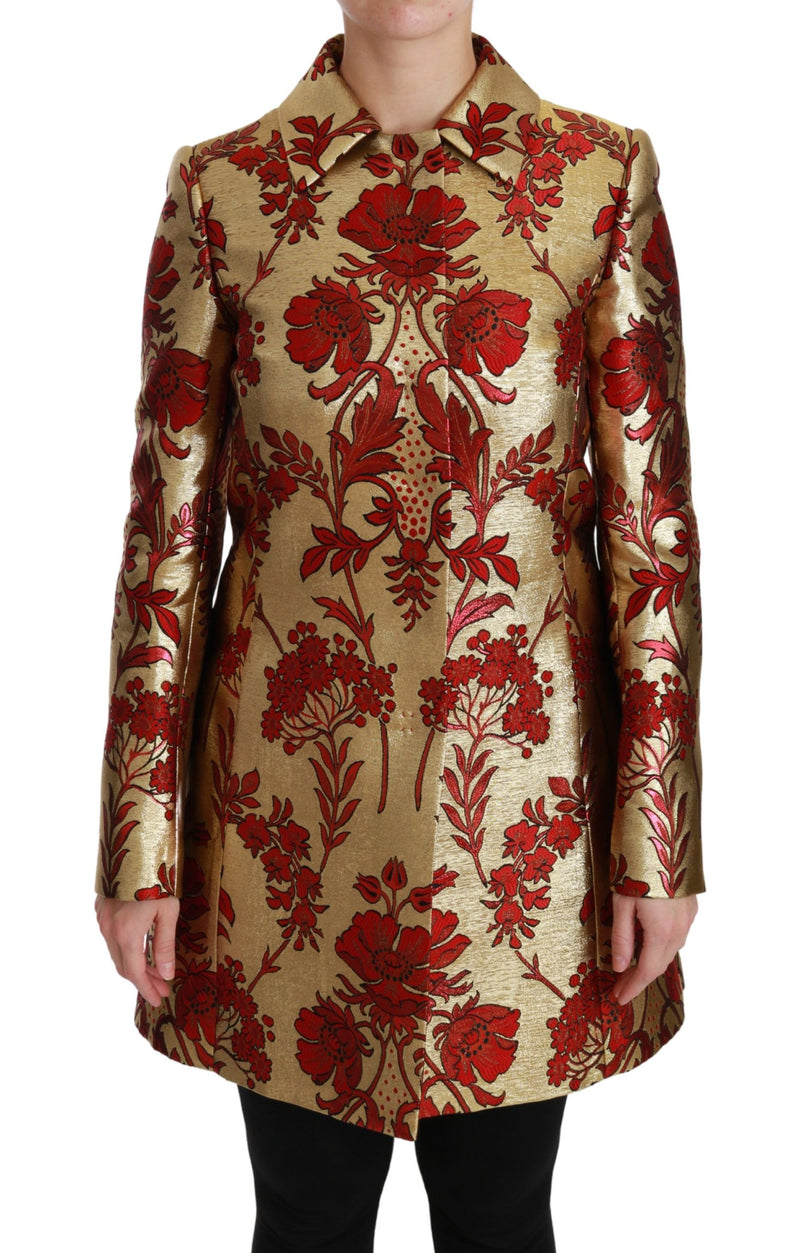 Elegant Gold Floral Brocade Trench Coat