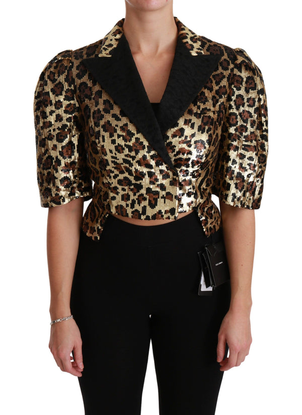 Blazer a maniche corte con stampa leopardata dorata