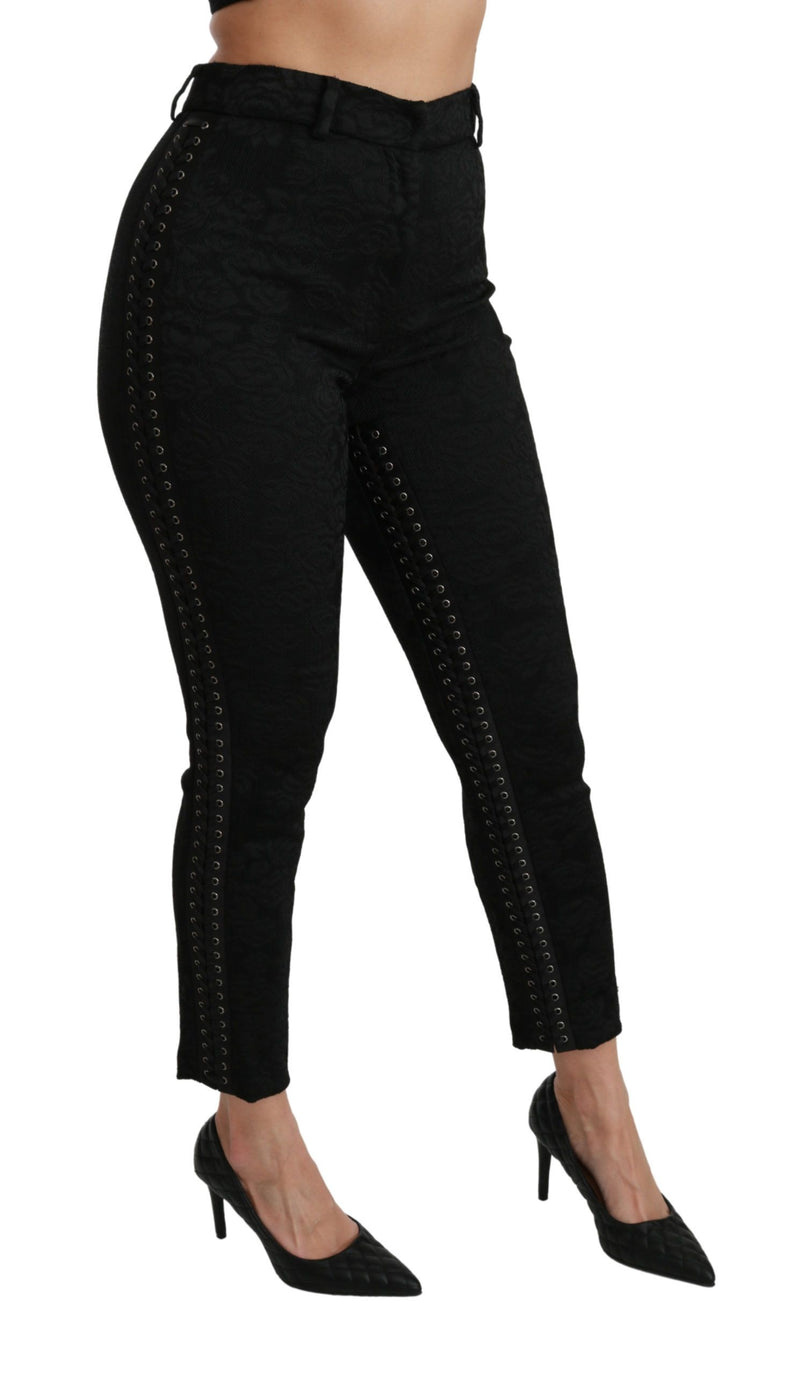 Elegant High Waist Skinny Black Brocade Pants