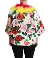 Elegante chaqueta de capa floral con detalles de piel