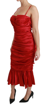 Exquisite rote Seide Pass und Flare Midi Kleid