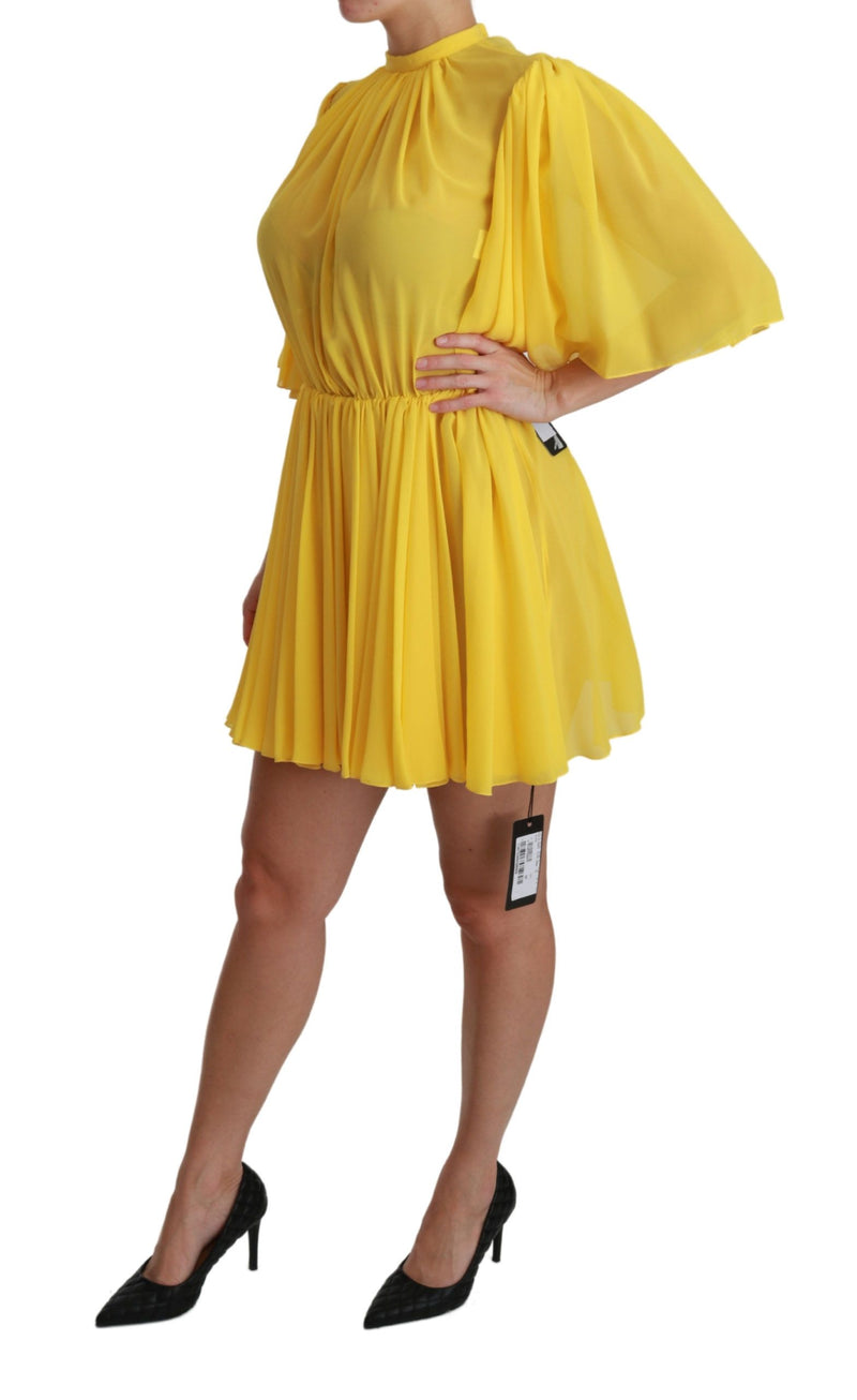 Mini robe A-line plissée en soie au soleil jaune