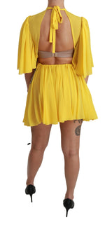 Vestido mini de seda plisada a una línea a sola amarillo