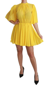 Mini robe A-line plissée en soie au soleil jaune