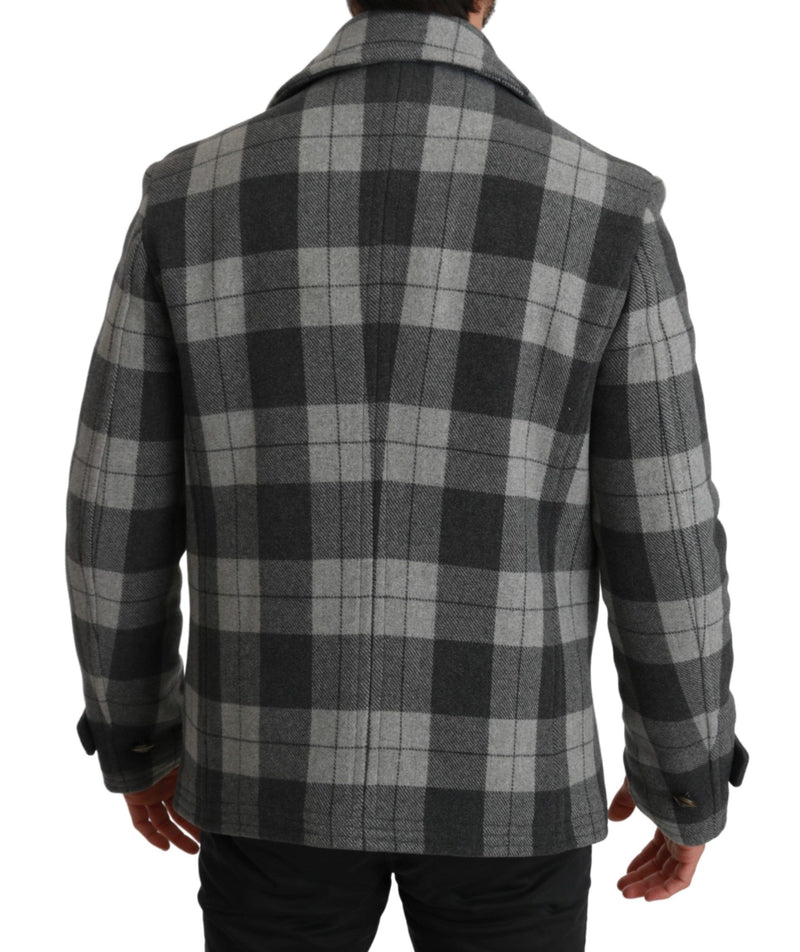 Elegant Gray Check Double Breasted Coat