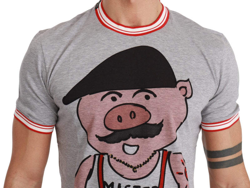 T-shirt en coton gris chic avec année de motif de cochon