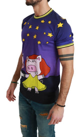 T-shirt à cou rond en coton violet avec motif de porc