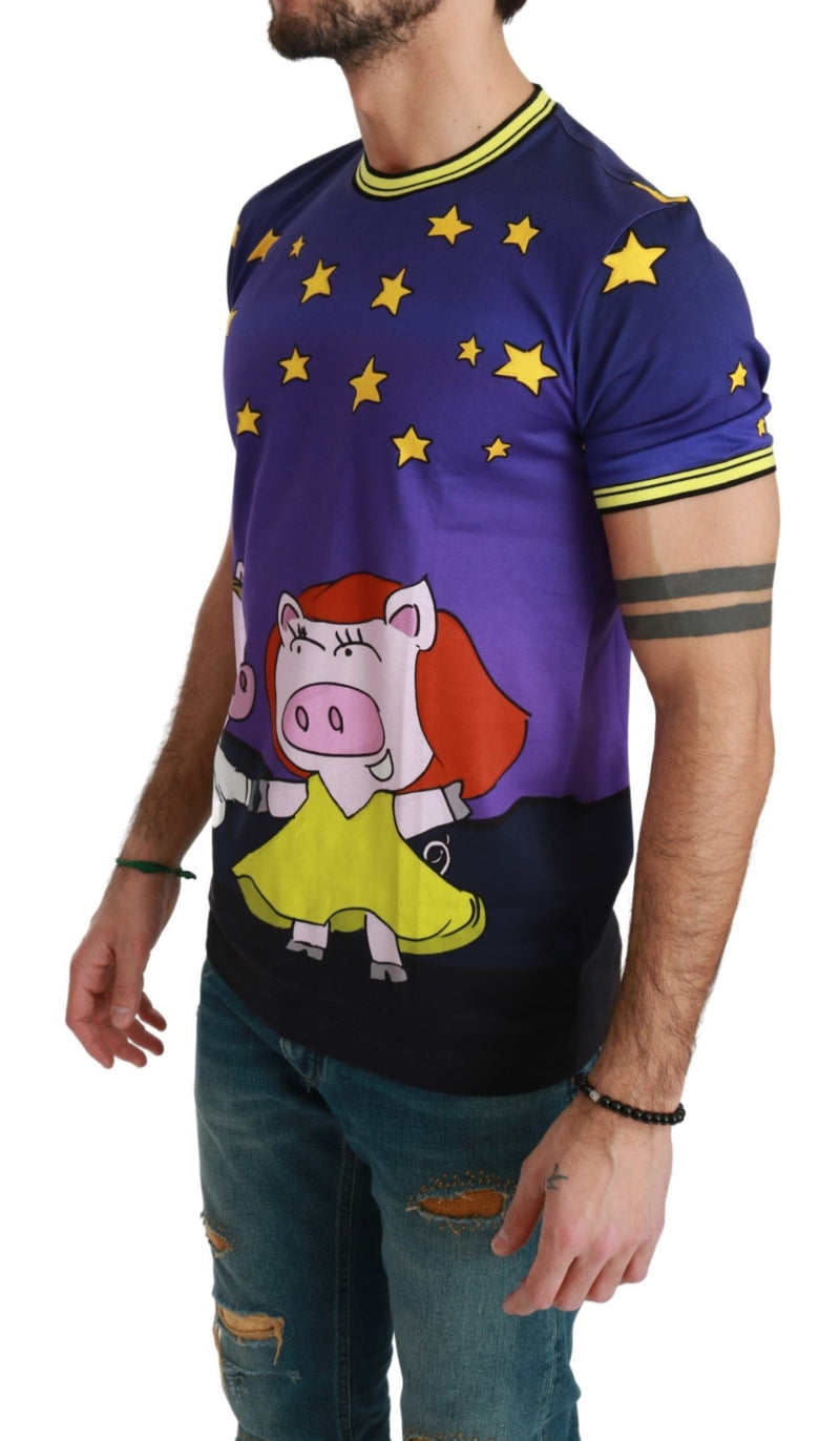 T-shirt à cou rond en coton violet avec motif de porc