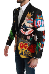 Chic Black Multicolor Motiv Slim Fit Blazer