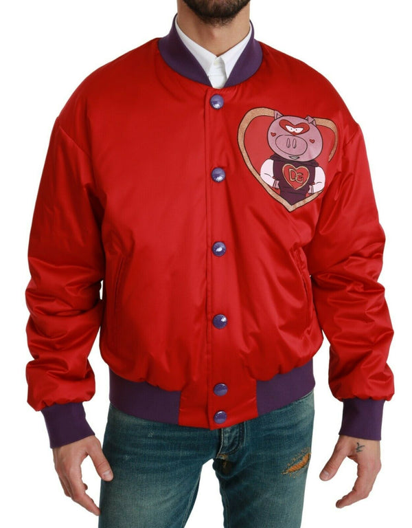 Chaqueta de bombardero rojo vibrante con motivo multicolor