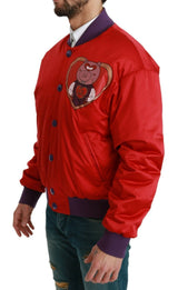 Veste de bombardier rouge vibrant avec motif multicolore