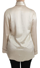 Blusa in raso di seta beige elegante con ricamo regina