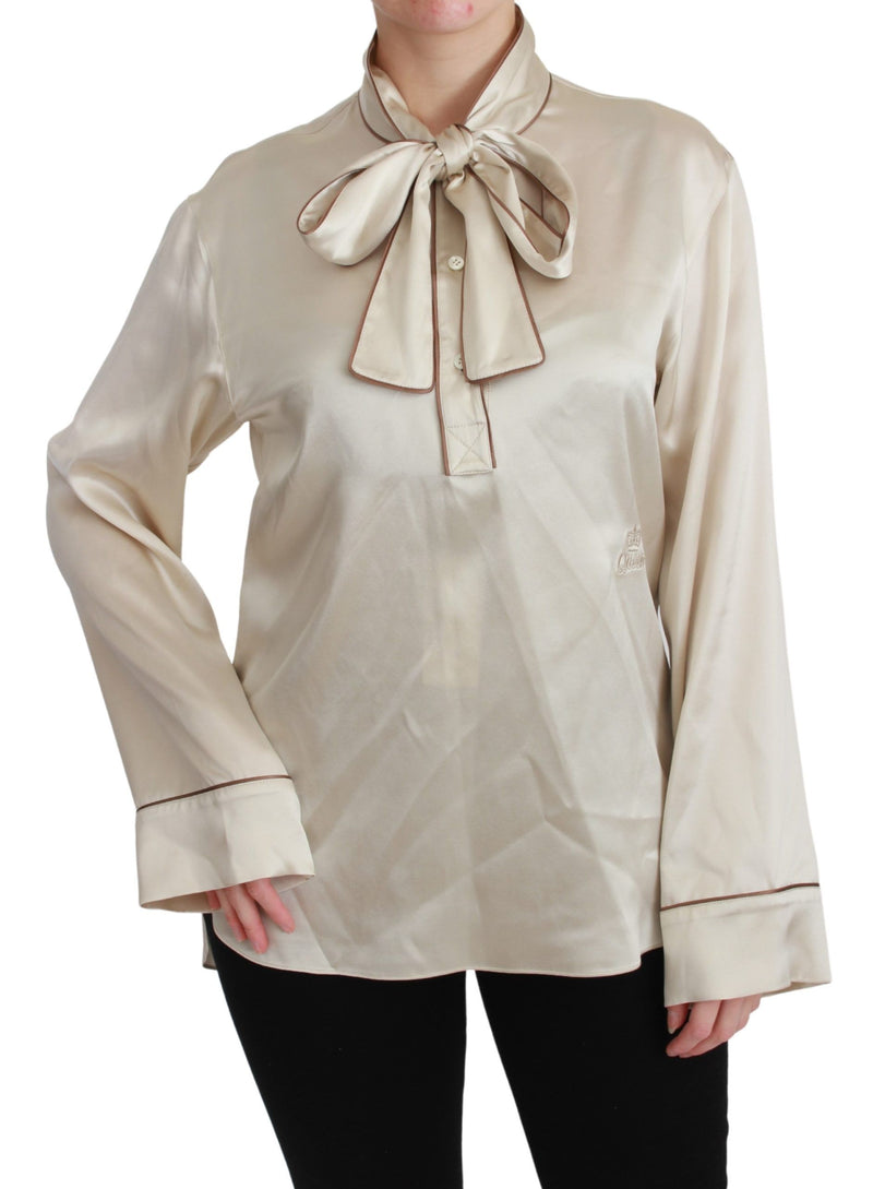 Blusa in raso di seta beige elegante con ricamo regina