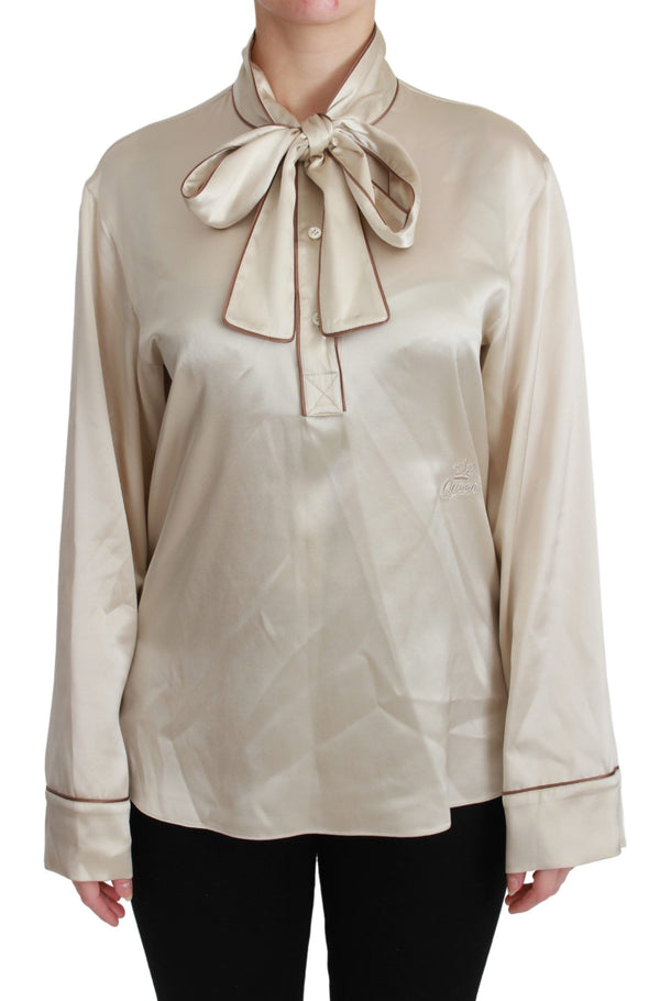 Elegant Beige Seidensatinbluse mit Königinstickerei