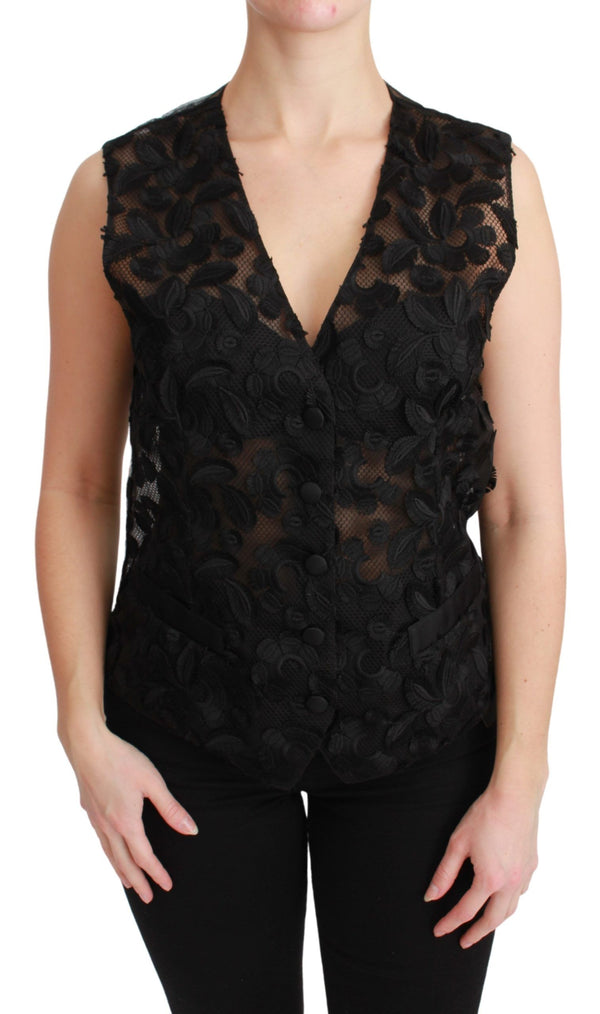 Élégant gilet de mélange de soie noir floral