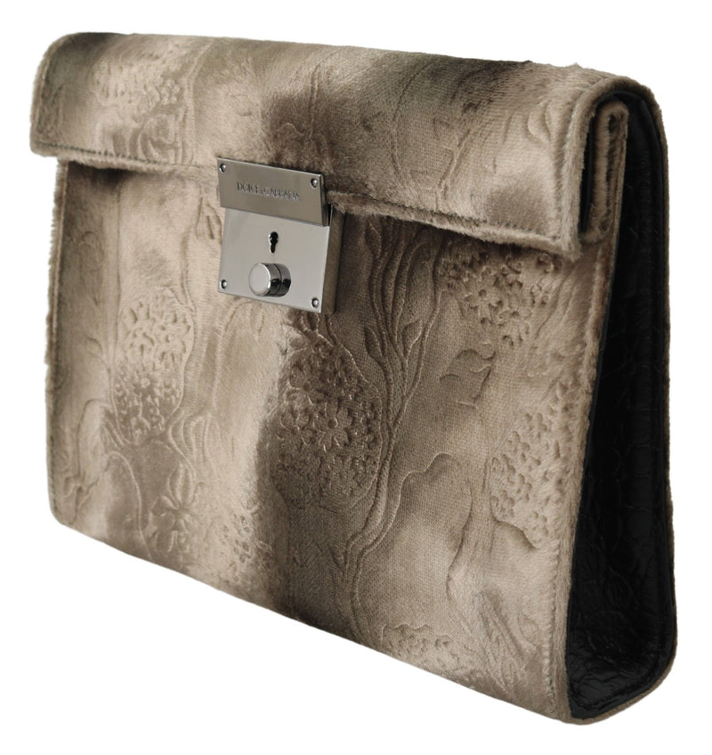 Beige Velvet Croco-Print Leder-Aktentasche Clutch