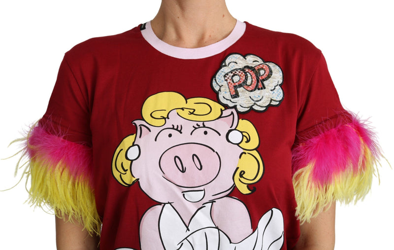 Chic Red Pig Print Crew T-shirt