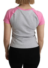 T-shirt di cotone per l'equipaggio grigio chic con accenti rosa