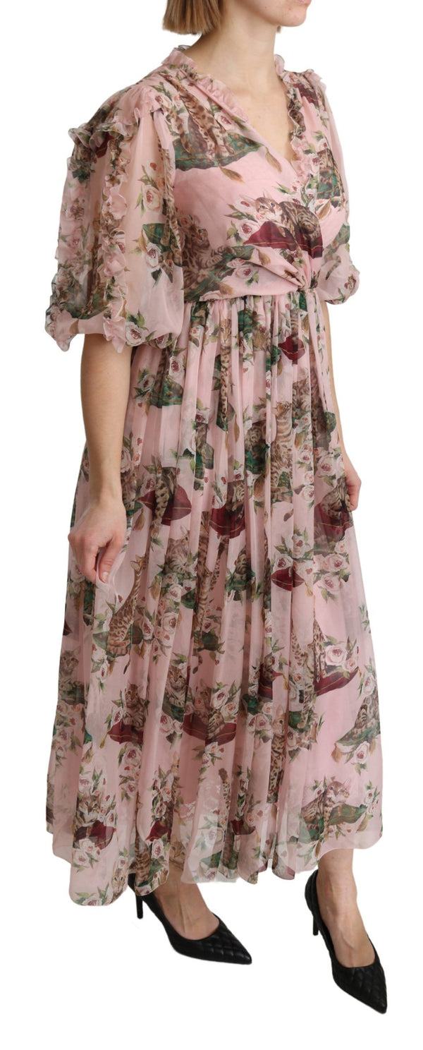 Elegant Pink Bengal Cat Print A-Line Maxi-Kleid