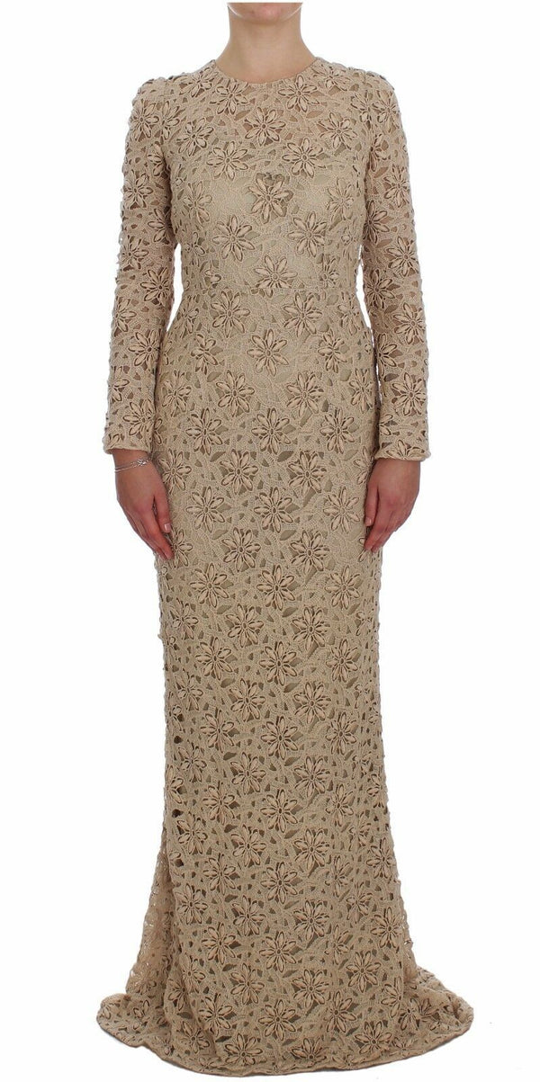 Beige Blumenspitze Langarm Maxikleid